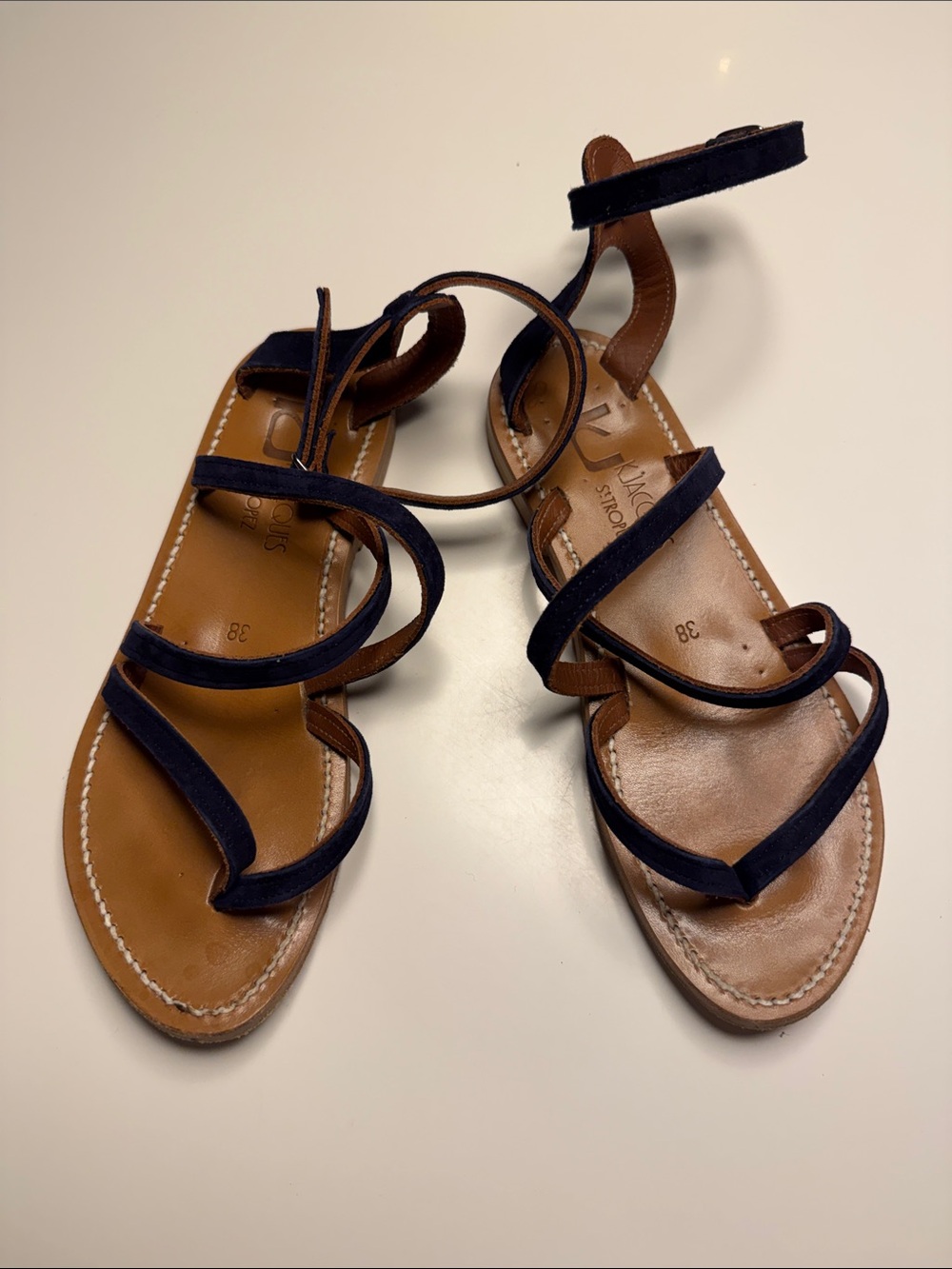 K.Jacques Women Epicure Leather Sandals Navy Suede Size 38
